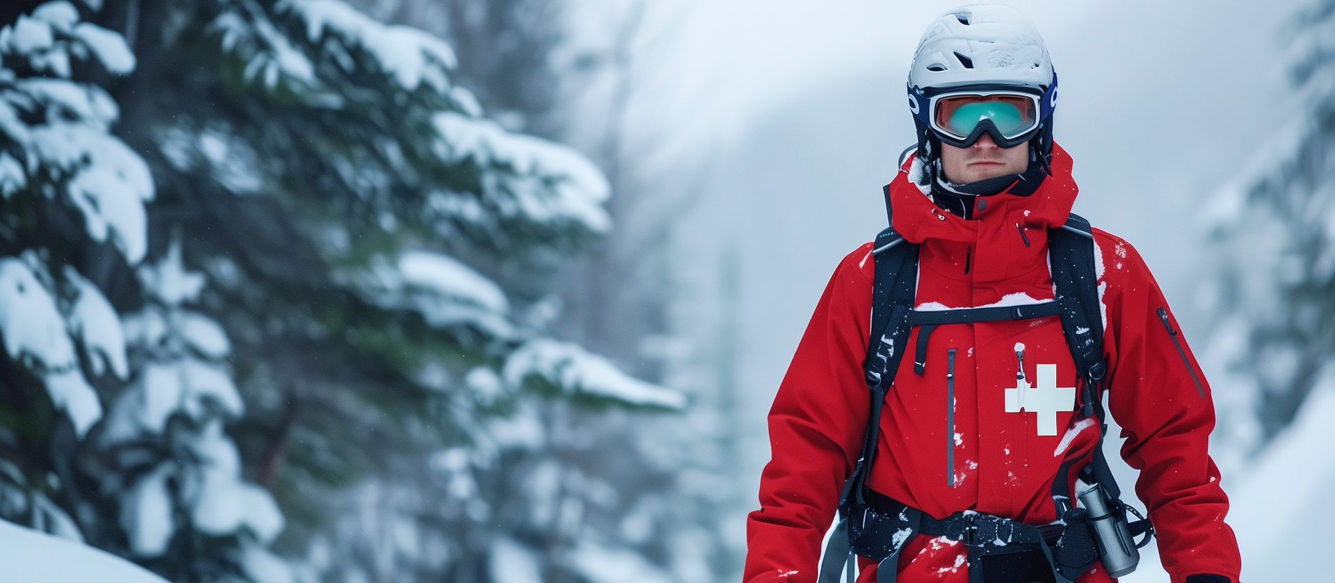 Patrouilleur de l'INSQ en tenue rouge à croix blanche, casque et lunettes, dans une forêt enneigée au Québec