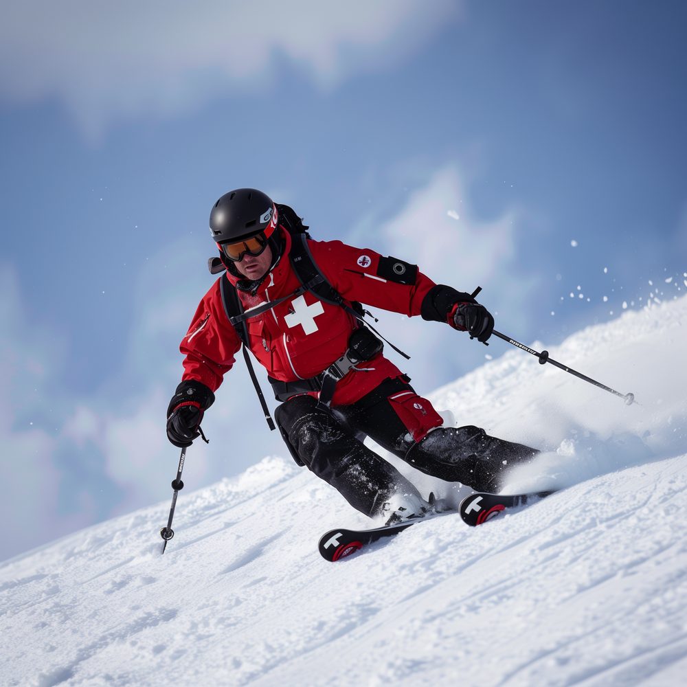 Patrouilleur de l'INSQ en veste rouge descendant une large piste enneigée d'une station de ski québécoise