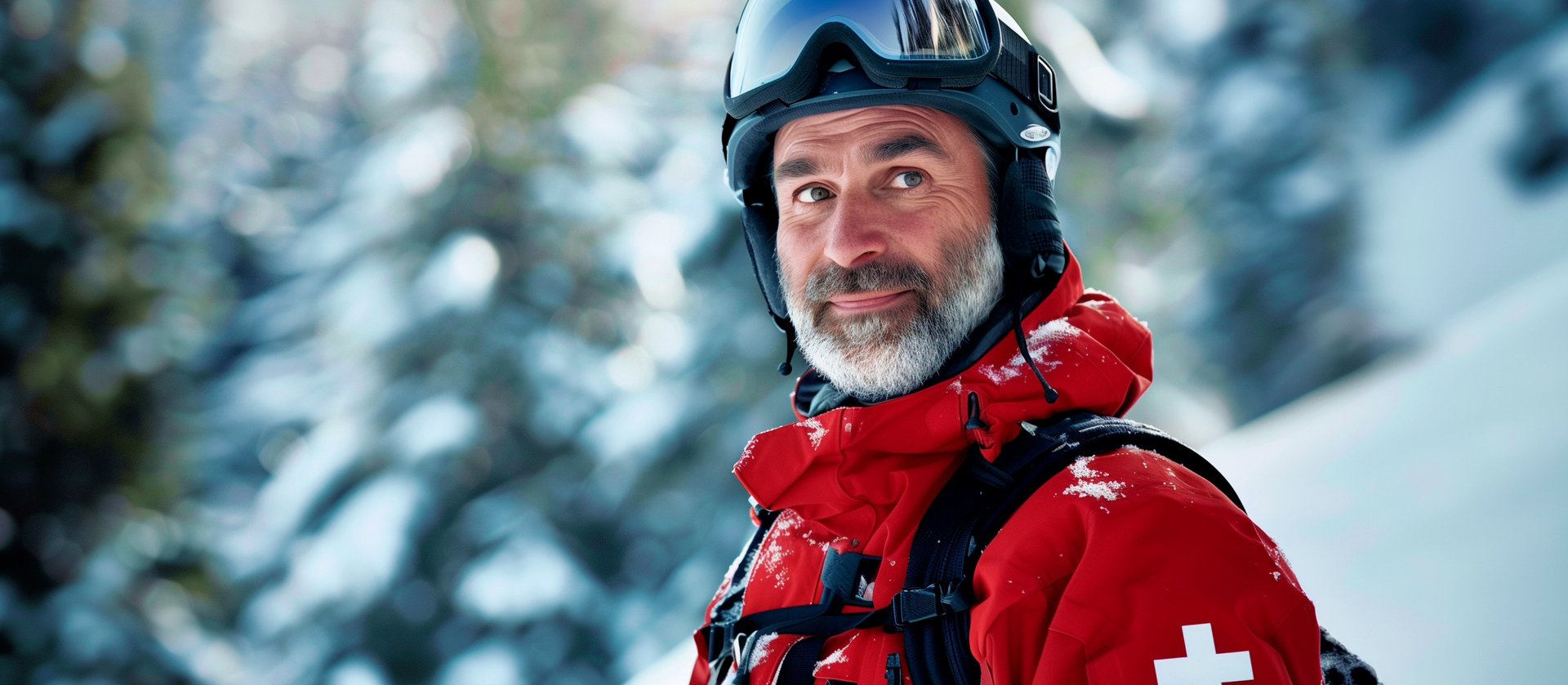 Instructeur chevronné de l'INSQ, barbe grise, casque et lunettes de ski, veste rouge à croix blanche, dans une forêt enneigée au Québec